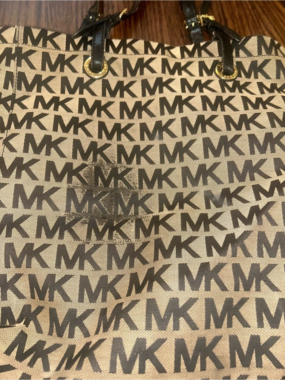 Michael Kors Brown and Beige MK Logo Tote with Black Straps, used